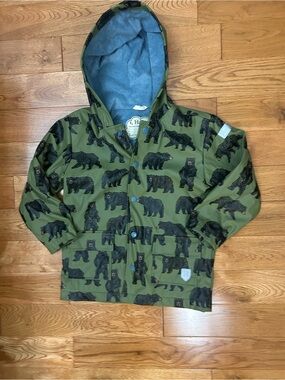 Hatley Kids Bear Print Raincoat Olive Green Hooded Lined Rain Jacket size 6